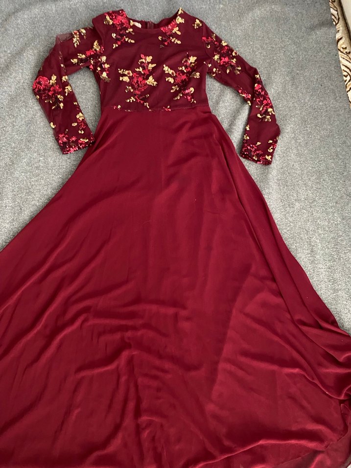 Bordo Uzun Kollu Bohem Kadın Elbise - Görsel 2