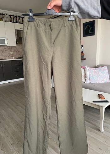 s Beden Kadın Haki Keten Bol Kesim Pantolon