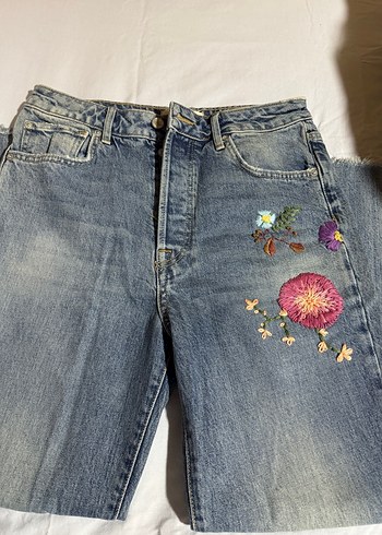 28 Beden mavi Renk Nakışlı Bohem Retro Kadın Denim Pantolon