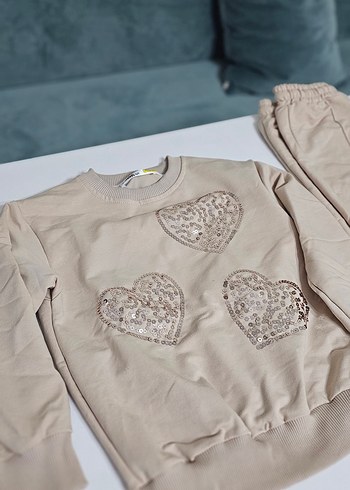 Bej Payetli Nakışlı Kız Eşofman Takımı - Görsel 3