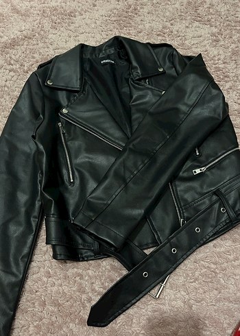 Kemerli Siyah Biker Deri Ceket