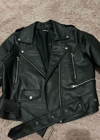 Diğer Kemerli Siyah Biker Deri Ceket