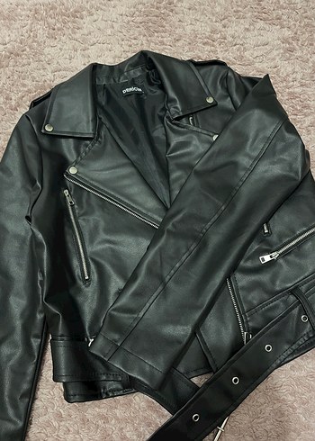 l Beden Kemerli Siyah Biker Deri Ceket