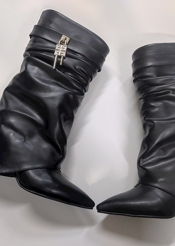 Siyah Deri Tokalı Diz altı yükseklik 35 santim İnce Topuklu - Görsel 2