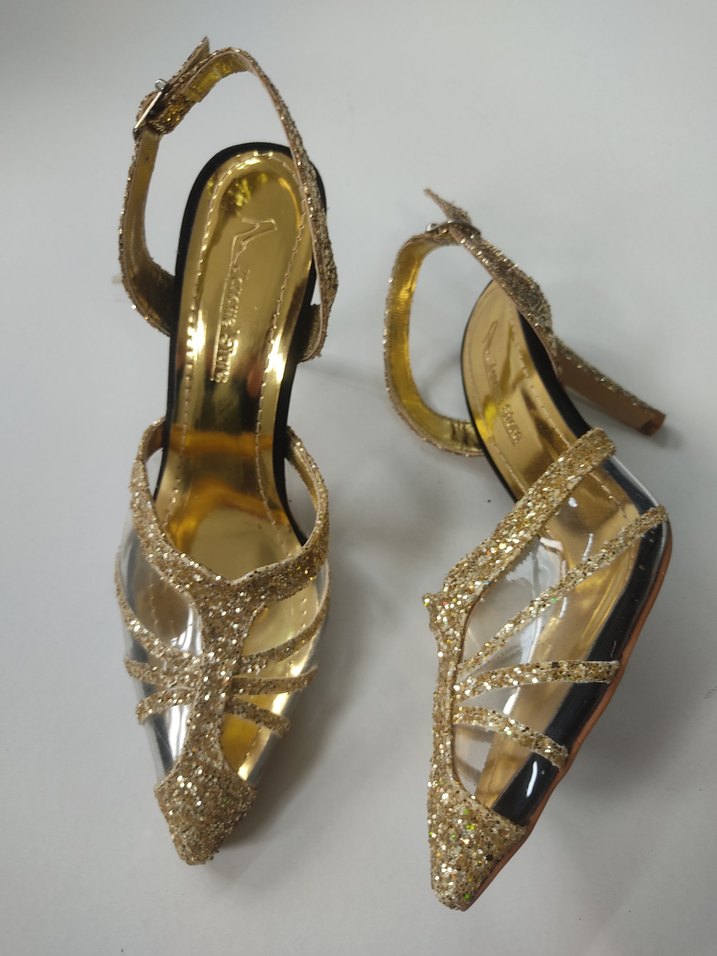 Altın Renkli Simli Stiletto siyah swet Abiye Ayakkabı - Görsel 3