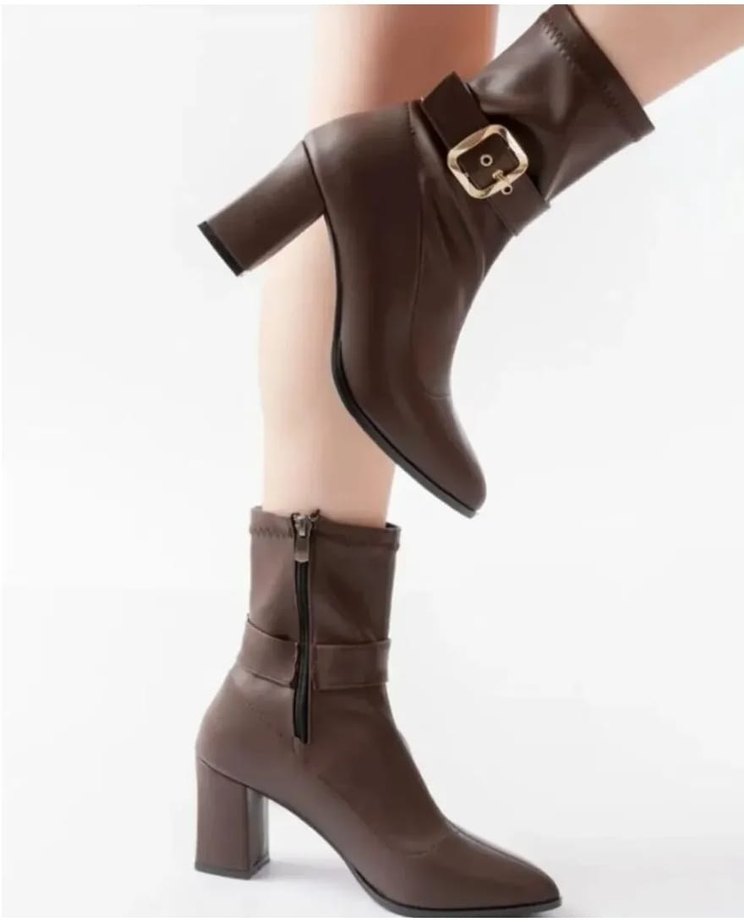 Bej Deri Tokalı Kadın Topuklu Bot - Görsel 2