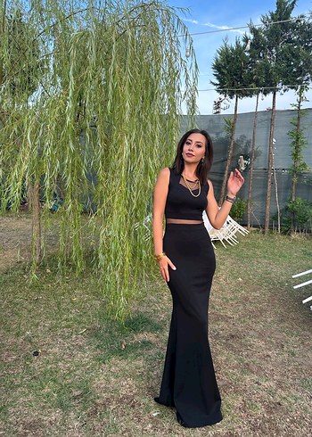 36 Beden Siyah V Yakalı Uzun Strappy Elbise