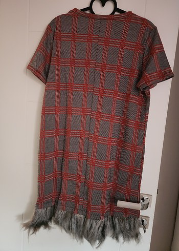 Kadın Gri Kırmızı Kareli Midi Triko Elbise - Görsel 2