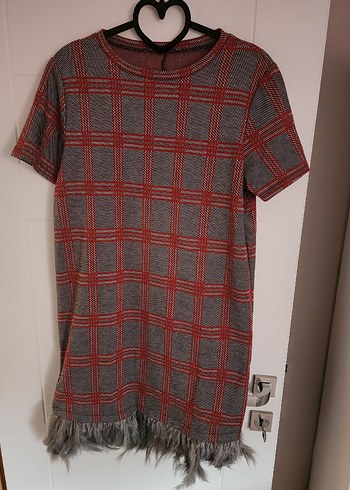 Kadın Gri Kırmızı Kareli Midi Triko Elbise - Görsel 5