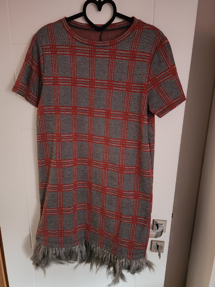 Kadın Gri Kırmızı Kareli Midi Triko Elbise - Görsel 5