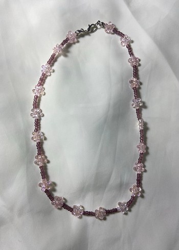 Pembe Çiçek Mor Boncuk Kolye