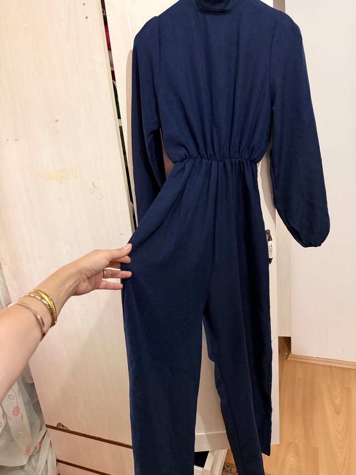 Lacivert Uzun Kollu Düğmeli Tulum - Görsel 3