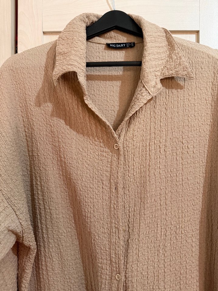 Bej Uzun Kollu Düğmeli Keten Gömlek - Görsel 2