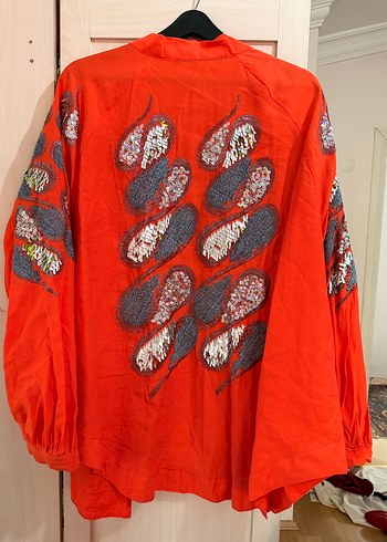Nakışlı Kırmızı Bohem Uzun Kollu Bluz - Görsel 3