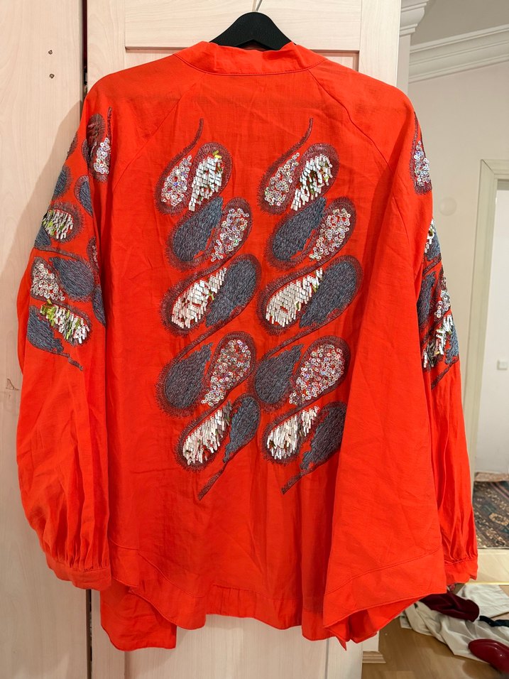 Nakışlı Kırmızı Bohem Uzun Kollu Bluz - Görsel 3