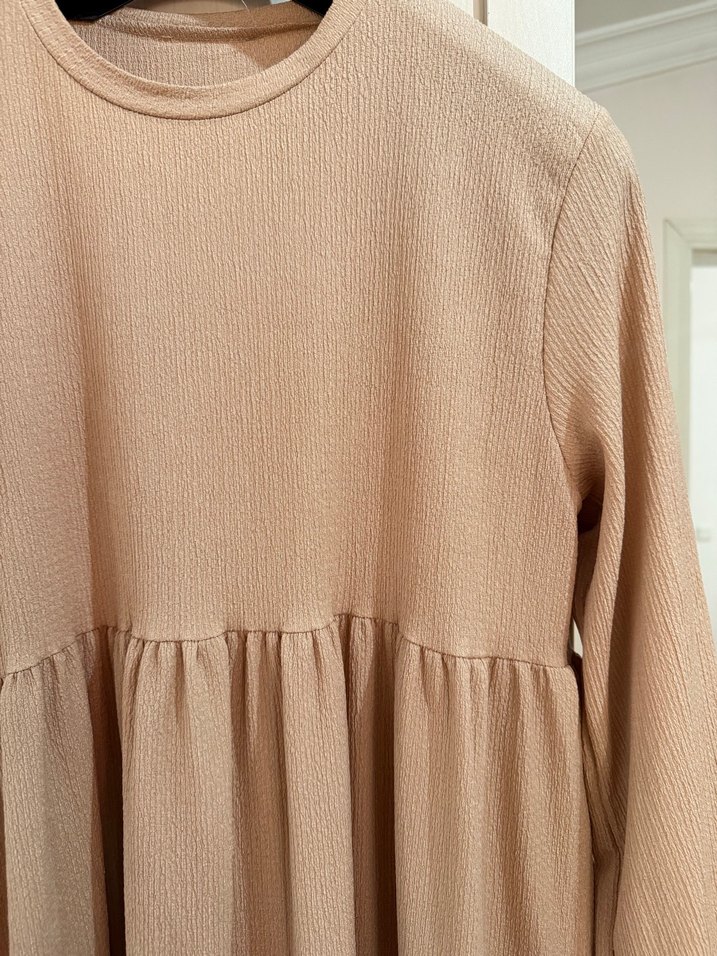 Bej Uzun Kollu Salaş Keten Elbise - Görsel 2