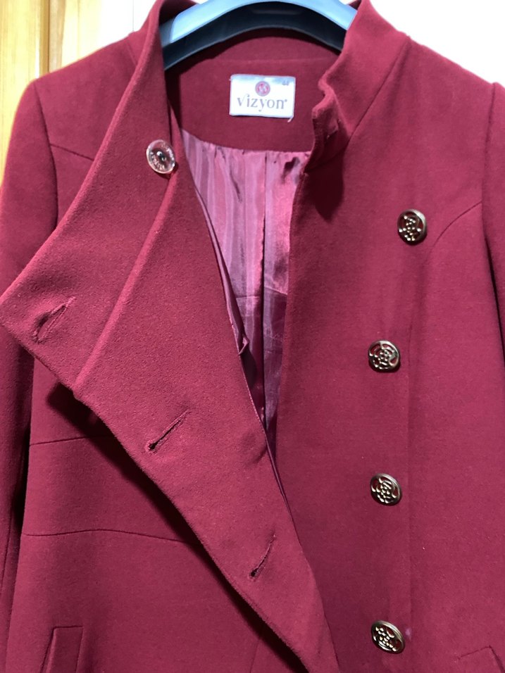 Bordo Düğmeli Uzun Kaşe - Görsel 4