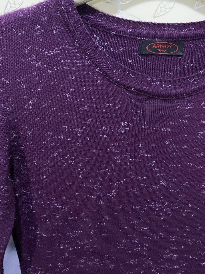 Mor Koyu Renkli Pilili Triko Uzun Elbise - Görsel 3