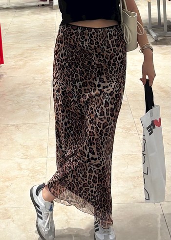 Drapeli Leopar Desenli Kahverengi Uzun Etek - Görsel 2