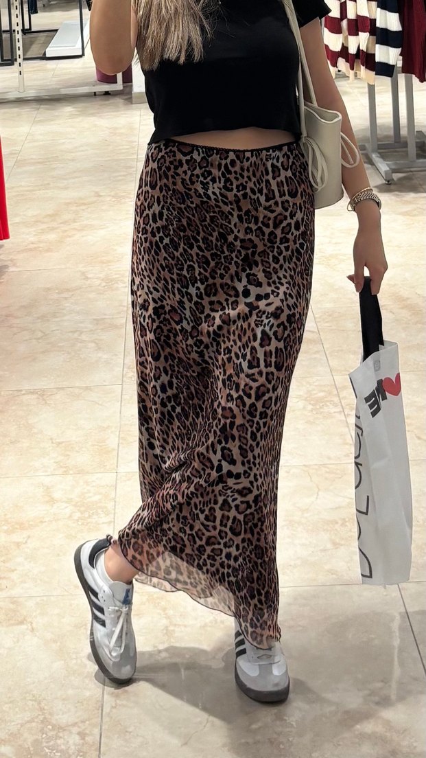 Drapeli Leopar Desenli Kahverengi Uzun Etek - Görsel 2