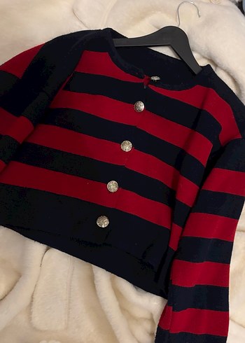 Düğmeli Kırmızı lacivert Çizgili Kadın Hırka - Görsel 2