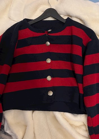 Düğmeli Kırmızı lacivert Çizgili Kadın Hırka - Görsel 3