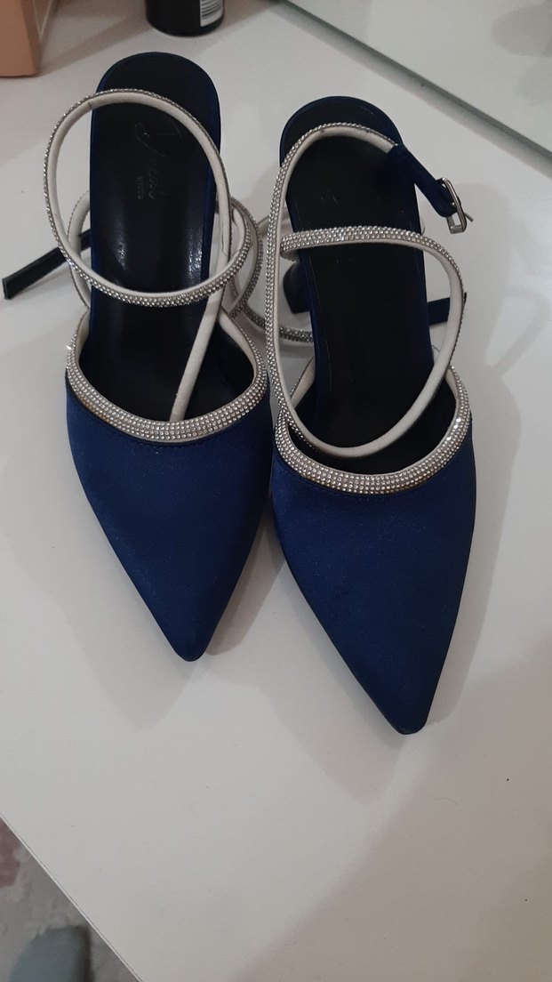 Mavi Saten Stiletto Topuklu Kadın Abiye Ayakkabı - Görsel 2