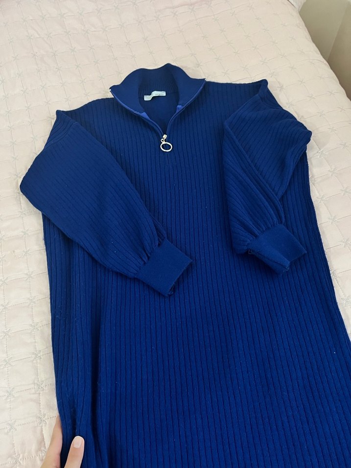 Mavi Uzun Kollu Triko Elbise - Görsel 2