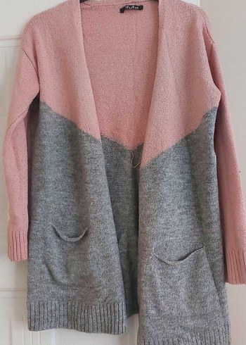 Gri-Pembe Uzun Örgü Kadın Hırka