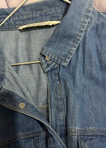 l Beden Mavi Düğmeli Uzun Kollu Denim Gömlek