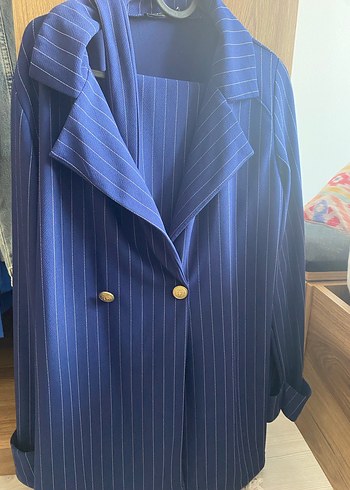 Düğmeli Lacivert Uzun Kadın Blazer Ceket pantolon takım