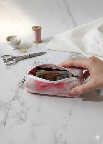 Pembe Fiyonk Desenli Fermuarlı Cüzdan&Anahtarlık&Çanta Aksesuarı - Görsel 10