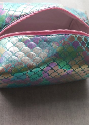 TurkuazRenk Deniz Kızı Pulu Desenli Kadın Makyaj Çantası-Premium - Görsel 5