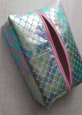 TurkuazRenk Deniz Kızı Pulu Desenli Kadın Makyaj Çantası-Premium - Görsel 7