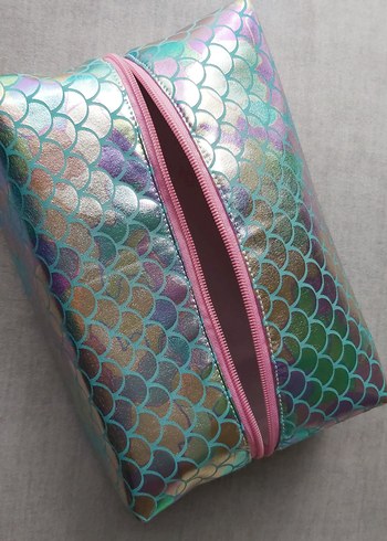 TurkuazRenk Deniz Kızı Pulu Desenli Kadın Makyaj Çantası-Premium - Görsel 4