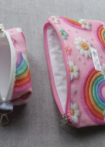 Pembe Gökkuşağı Desenli MakyajÇantası&Kalemlik+Cüzdan&Anahtarlık - Görsel 6