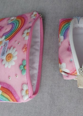 Pembe Gökkuşağı Desenli MakyajÇantası&Kalemlik+Cüzdan&Anahtarlık - Görsel 5