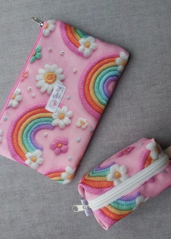 Pembe Gökkuşağı Desenli MakyajÇantası&Kalemlik+Cüzdan&Anahtarlık - Görsel 8