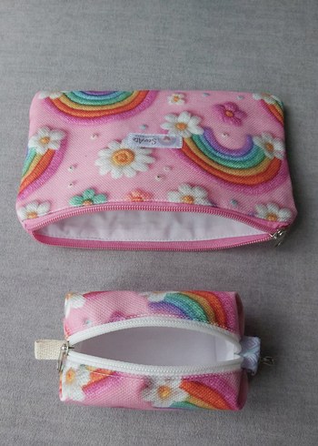 Pembe Gökkuşağı Desenli MakyajÇantası&Kalemlik+Cüzdan&Anahtarlık - Görsel 7