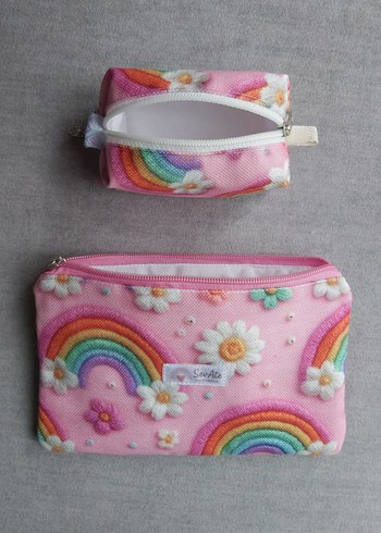 Pembe Gökkuşağı Desenli MakyajÇantası&Kalemlik+Cüzdan&Anahtarlık - Görsel 3