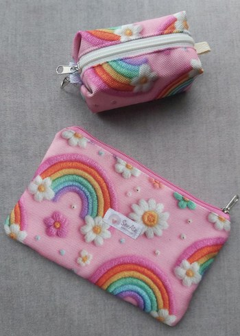 Pembe Gökkuşağı Desenli MakyajÇantası&Kalemlik+Cüzdan&Anahtarlık - Görsel 2
