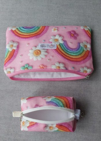 Pembe Gökkuşağı Desenli MakyajÇantası&Kalemlik+Cüzdan&Anahtarlık - Görsel 4