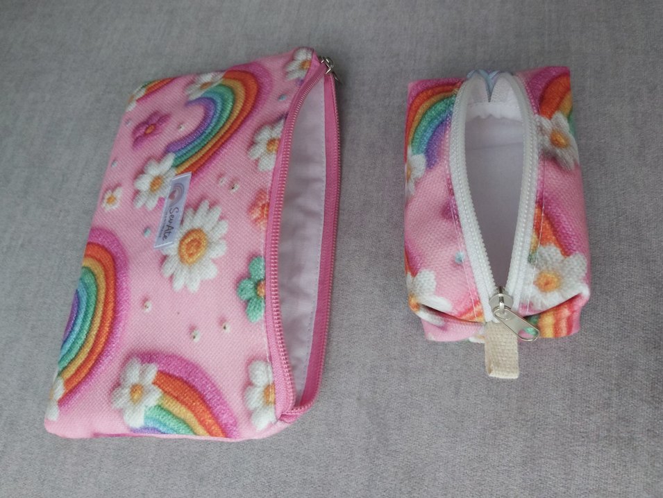 Pembe Gökkuşağı Desenli MakyajÇantası&Kalemlik+Cüzdan&Anahtarlık - Görsel 5