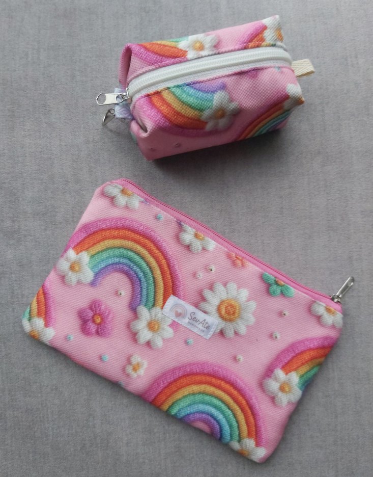 Pembe Gökkuşağı Desenli MakyajÇantası&Kalemlik+Cüzdan&Anahtarlık - Görsel 2