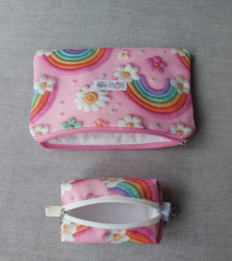 Pembe Gökkuşağı Desenli MakyajÇantası&Kalemlik+Cüzdan&Anahtarlık - Görsel 4