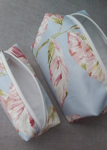 Waterproof-Mavi Yaprak Desenli Makyaj Çantası&Kalemlik 2'li Set - Görsel 7