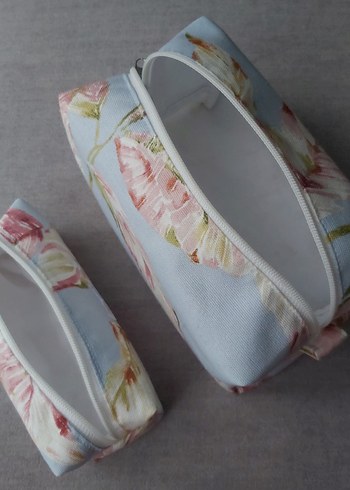 Waterproof-Mavi Yaprak Desenli Makyaj Çantası&Kalemlik 2'li Set - Görsel 6