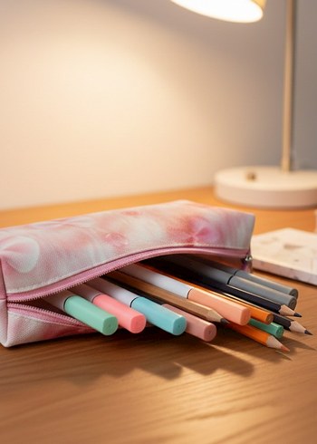 Pembe FiyonkDesenli Organizer Çanta & Makyaj Çantası & Kalemlik - Görsel 3