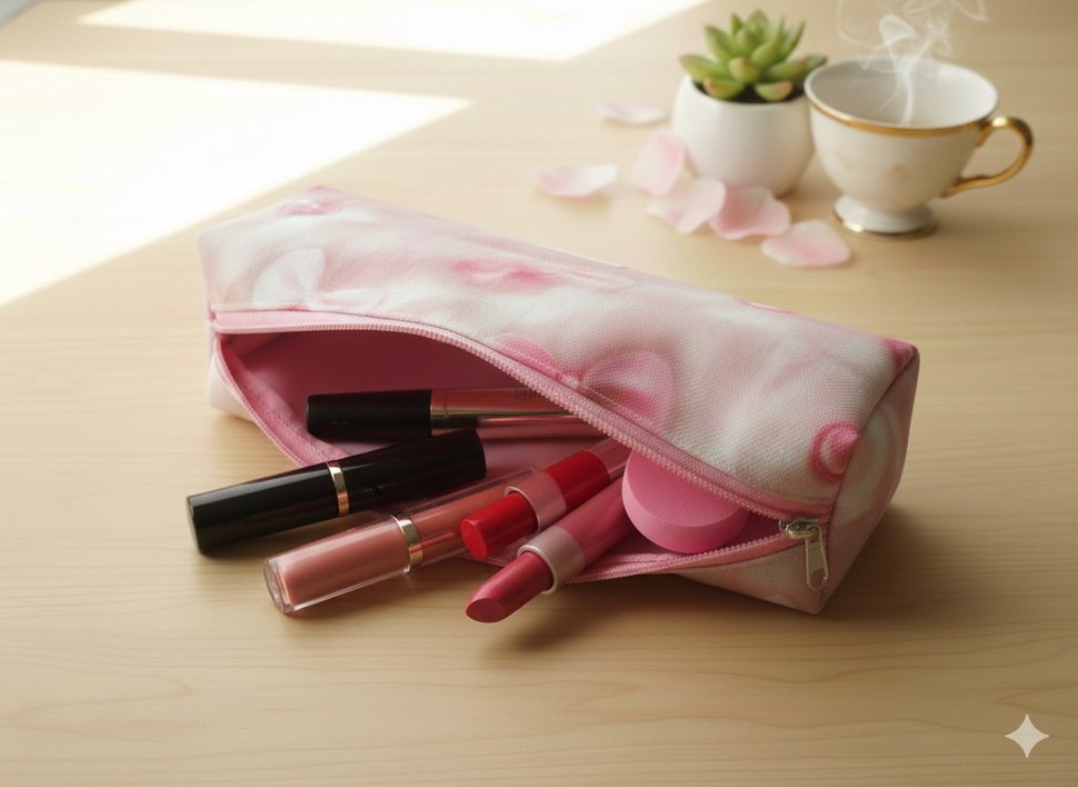 Pembe FiyonkDesenli Organizer Çanta & Makyaj Çantası & Kalemlik - Görsel 4