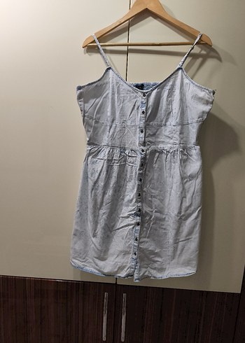 Gri Askılı Düğmeli Midi Denim Elbise